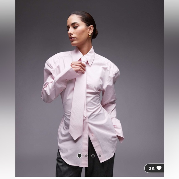 ASOS Tops - ASOS baby pink cinch waist shirt with shoulder pads and tie
